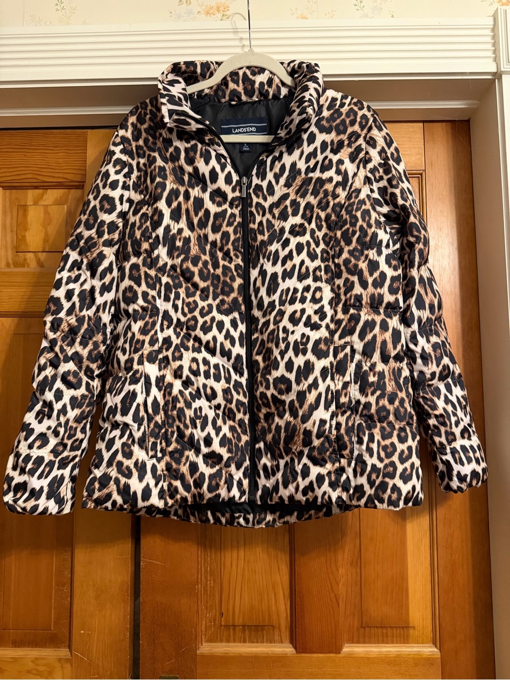 Lands' End Women's Leopard Print Puffer Jacket - Brown/Black